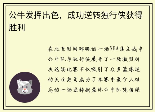 公牛发挥出色，成功逆转独行侠获得胜利