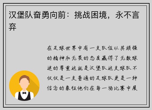 汉堡队奋勇向前：挑战困境，永不言弃
